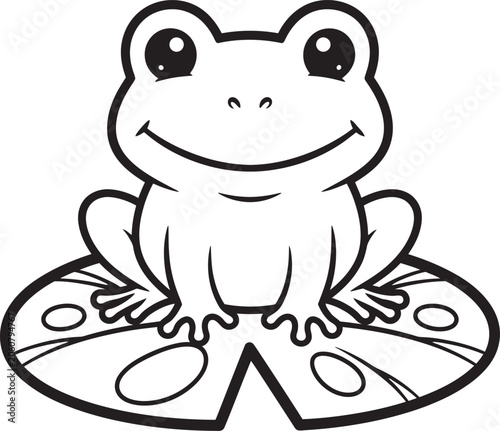 Cute cartoon frog on lily pad outline illustration