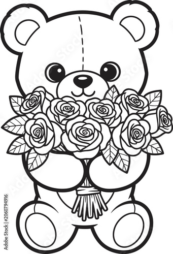 Cute teddy bear holding bouquet of roses for valentine's day or birthday