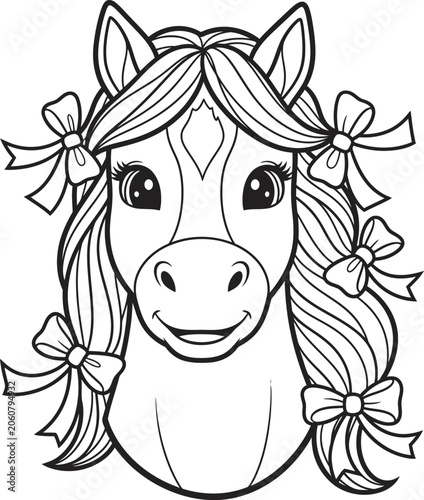 Cartoon horse head with bows line art illustration