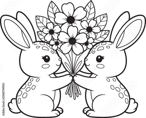 Two rabbits sharing flowers black and white line art illustration