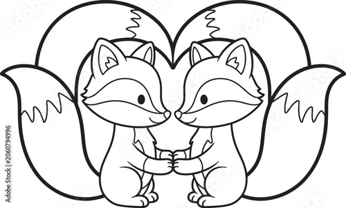 Two foxes holding hands within a heart shape black and white illustration