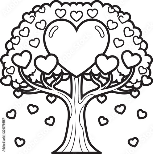 Heart shaped tree illustration black and white line art for valentine's day