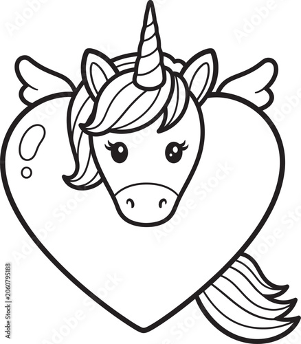 Cute unicorn head with heart shaped background