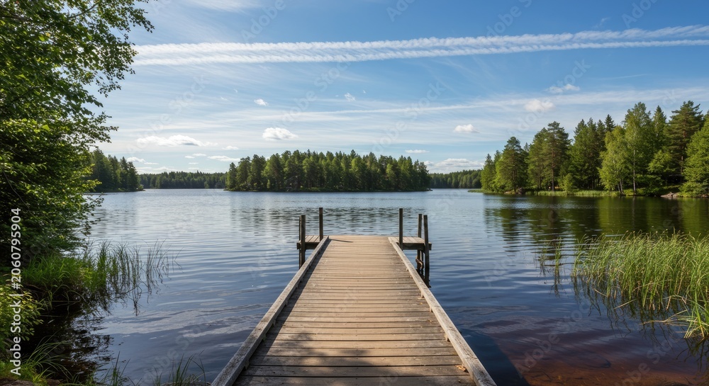 Fototapeta premium Wooden pier extends over lake with trees under bright blue sky