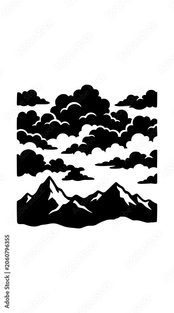 Fototapeta premium Black and white mountain range with clouds silhouette illustration