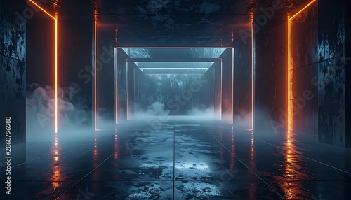 A dark corridor with neon lights and fog