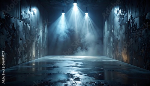 A dimly lit, eerie room with stone walls and a wet floor illuminated by spotlights