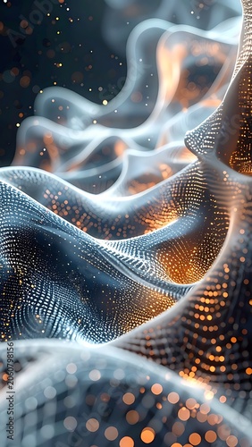 A mesmerizing abstract scene with glowing orange particles and undulating blue waves