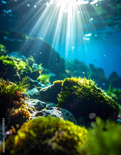A serene underwater scene with sunlight filtering through, illuminating vibrant green moss on rocks