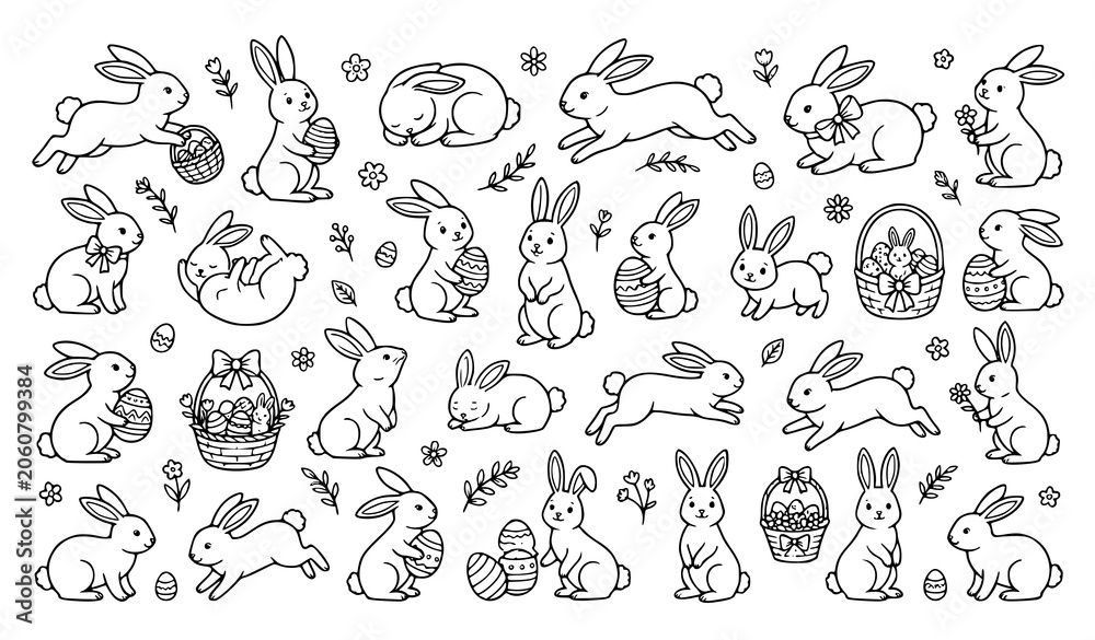 Fototapeta premium Easter Bunny Rabbit Outline Set Isolated on Transparent Background Decorative Vector Collection