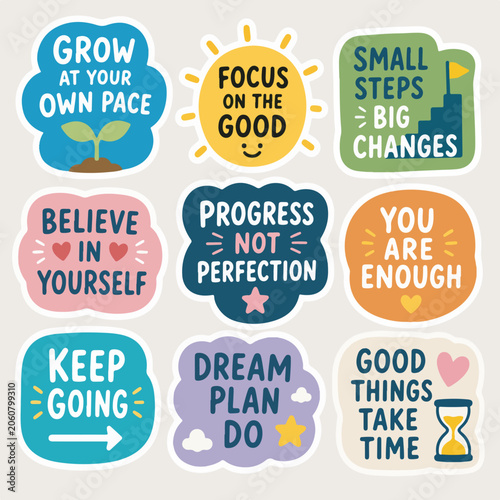 A vector-style sticker sheet featuring nine positive and motivational phrases with clean, modern illustrations.