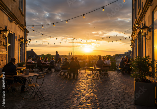 Urban sunset patio dining