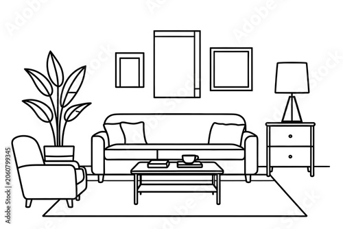 Minimalist Line Art Illustration of a Cozy Living Room Scene with Sofa and Floor Lamp.