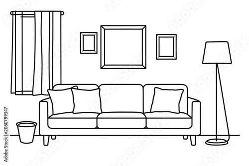 Minimalist Line Art Illustration of a Cozy Living Room Scene with Sofa and Floor Lamp.