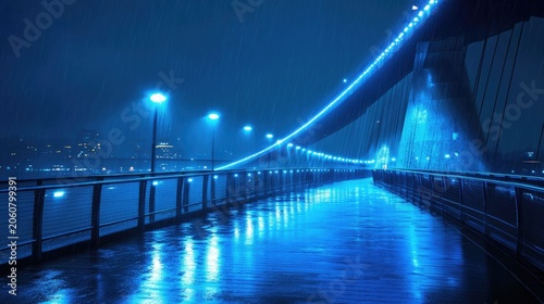 Blue night bridge rain gleaming path