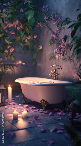 Serene floral bath, romantic ambiance, candlelight glow.