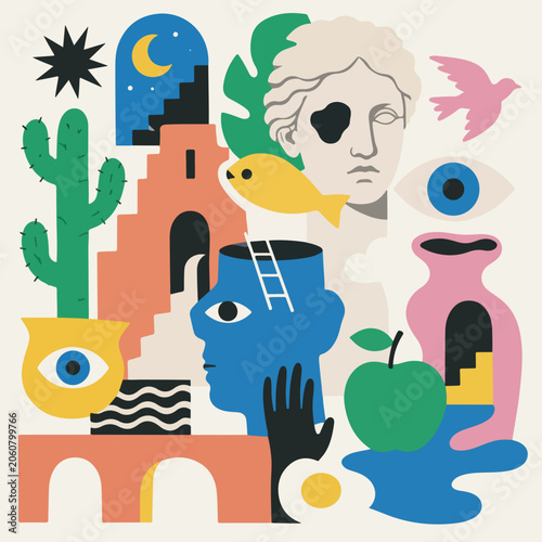 Abstract Surrealism Vector Illustration with Human Profile, Classical Bust, and Geometric Shapes in Modern Flat Design