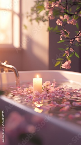 Serene bath, candlelight, pink petals, tranquil escape.