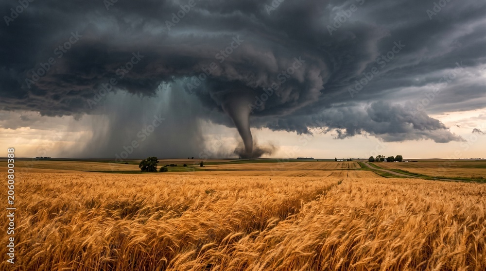 Fototapeta premium Tornado touches down in open field with dark storm clouds overhead during late afternoon hours