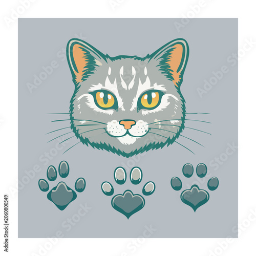 Gray Cat Face with Paw Prints Illustration