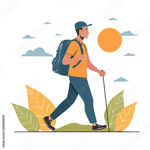 Man hiking with backpack and pole in flat design style