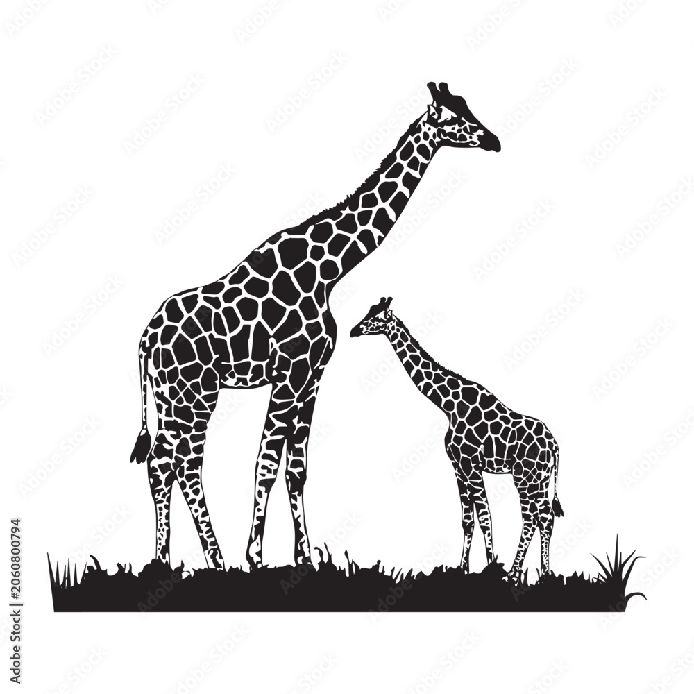 Obraz premium Giraffe Mother and Calf Silhouette in Grass