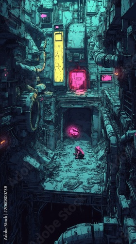 Solitary figure in decaying futuristic city