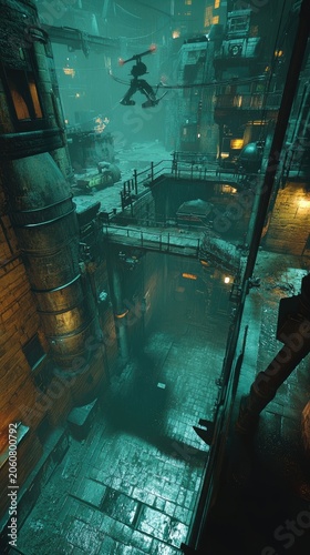Cyberpunk alleyway, drone overhead, rain-slicked streets.