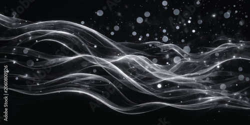 Flowing white light waves and glowing bokeh particles on black background with abstract particles background artistic backdrop movement technology conceptual creative illustration wallpaper