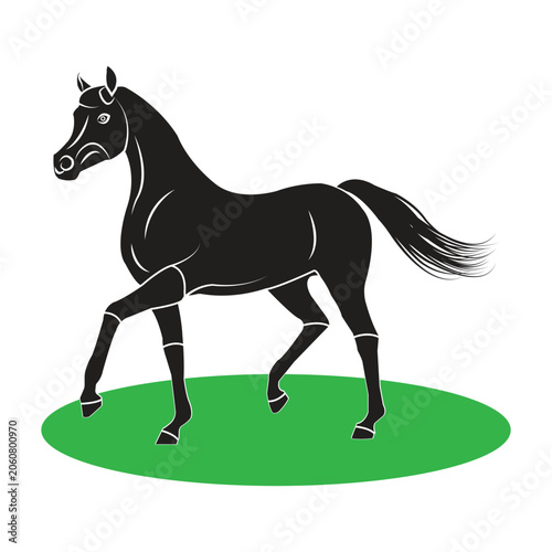 Elegant Black Horse Galloping on Green Patch, Minimalist Silhouette Illustration