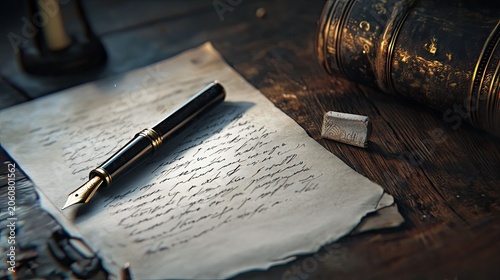 Elegant pen rests on handwritten letter, old book nearby