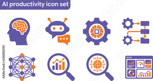 AI Productivity Icon Set with Automation Analytics Brain and Workflow Symbols – Artificial Intelligence Vector Collection