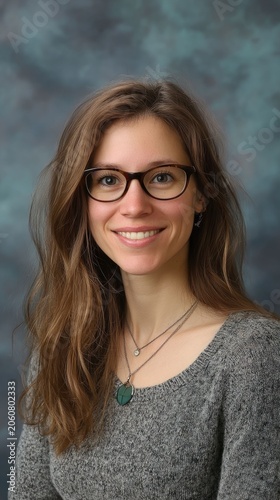 Smiling woman long brown hair glasses necklace