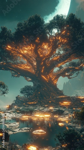 Glowing ancient tree by alien lake under night sky