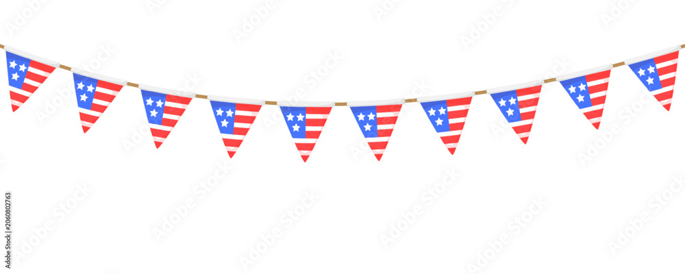 Fototapeta premium USA flag garland chain. American flags pennon string decoration for Independence day banner, July 4 party poster. White, blue, red bunting decor. Triangle pennants with stripes and stars. Vector