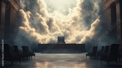 Majestic throne room, clouds surge, divine presence.