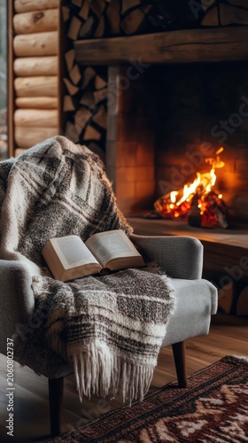 Cozy armchair, open book, crackling fireplace, winter warmth.