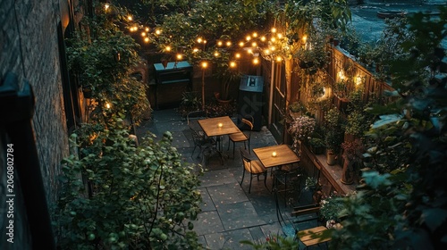 Serene courtyard patio, warm lights, lush greenery.
