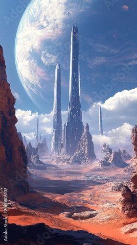 Futuristic towers rise above alien desert landscape