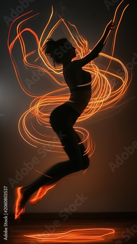 Leaping silhouette, fiery light trails, dynamic energy.