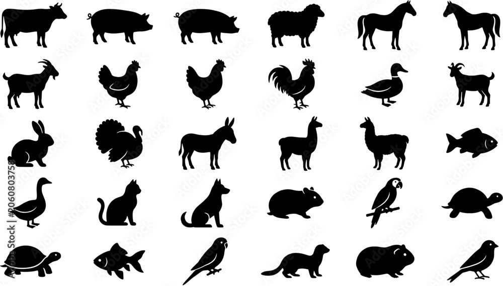 Fototapeta premium Set of farm and domestic animal silhouettes including livestock, birds, pets and wildlife icons. Vector illustration.