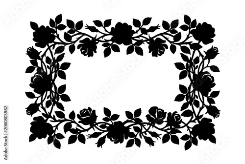 Black Rose Flower Silhouette Rectangular Decorative Frame Border