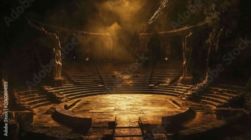 Ancient stone amphitheater bathed in golden light