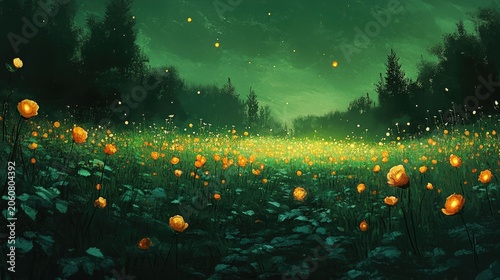 Glowing orange flowers illuminate dark forest field