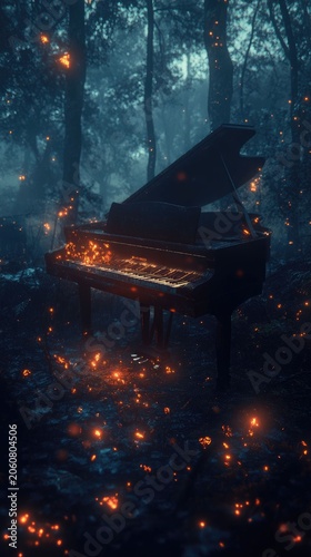 Enchanting piano in a mystical forest night