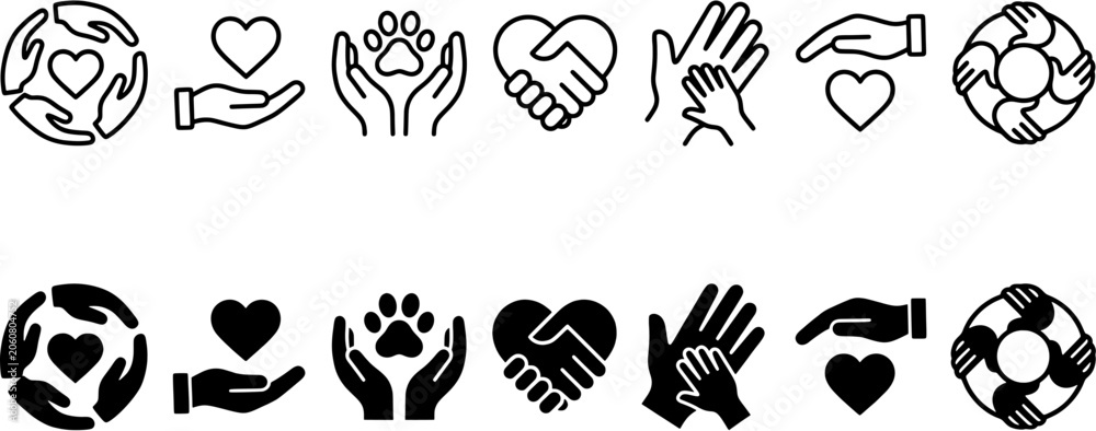 Fototapeta premium Charity and care icon set including hands protecting heart, animal paw and community unity symbols. Editable outline and solid vector shapes.