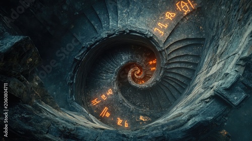 Glowing runes etched spiral stone staircase
