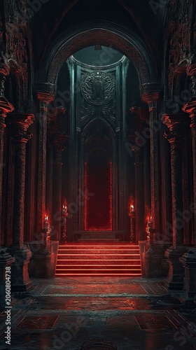 Red-lit gothic hall, ancient stone, ominous atmosphere.