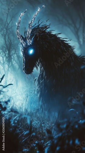 Mystical horned beast, glowing eyes, dark forest.