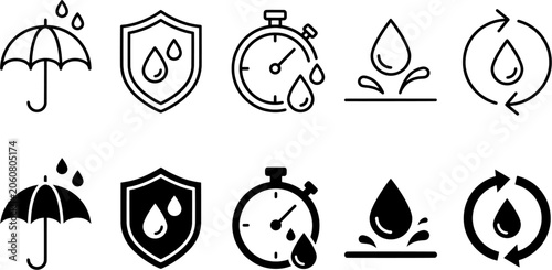 Waterproof and water resistance icon set. Editable line and solid vector illustrations for protection, durability and liquid repellent technology.